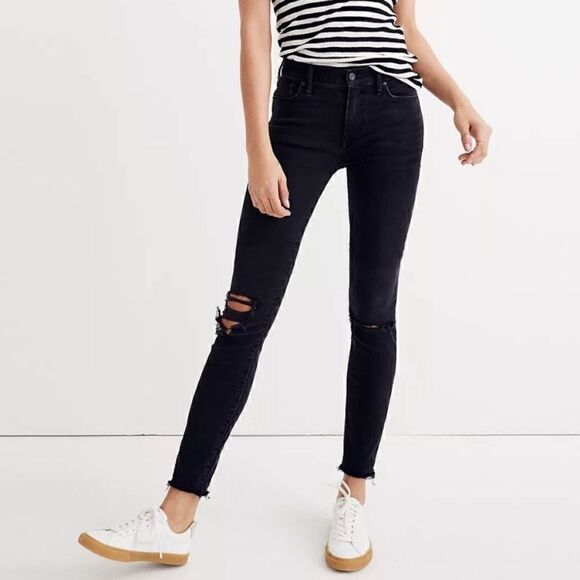 Madewell Denim - Madewell Black 9” High Rise Skinny Jeans Distressed Destroyed Size 27T